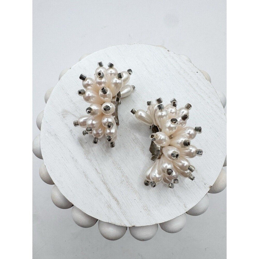 Vintage Faux Pearl Cluster Half Hoop Clip On Earrings Retro Glam Old Money